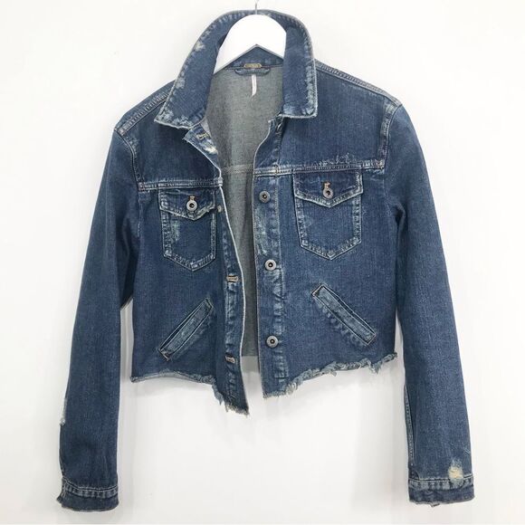 Free People Blue Cotton Denim Factory Distressed Button Crop Jacket - Picture 3 of 16